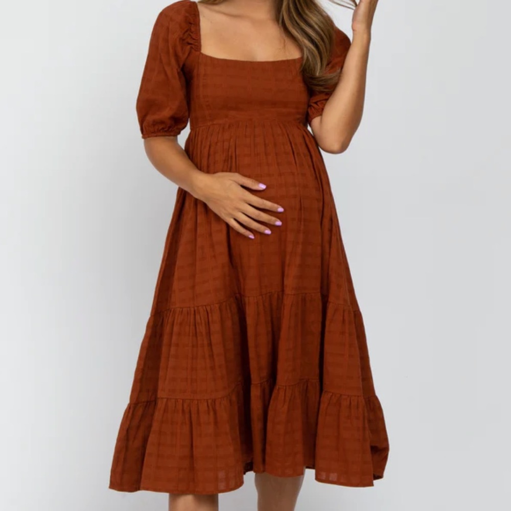 Pink Blush Maternity Rust Plaid Square Neck Maternity Midi Dress - Size S
